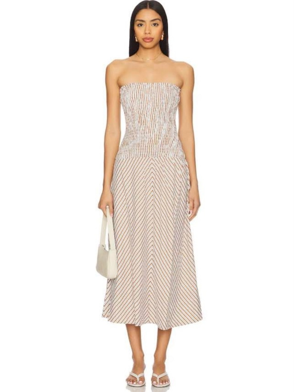 MINKPINK Strapless Beige & White Stripe Midi Dress XS